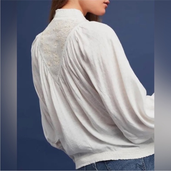 Women's Cream Beaded Highneck Dolman Featherbone Edda Peasant Long-Sleeve Size S - Picture 2 of 8